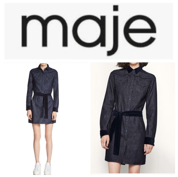 Maje Dresses & Skirts - Maje NWT Rallex Denim & Velvet Trimmed Shirt Dress